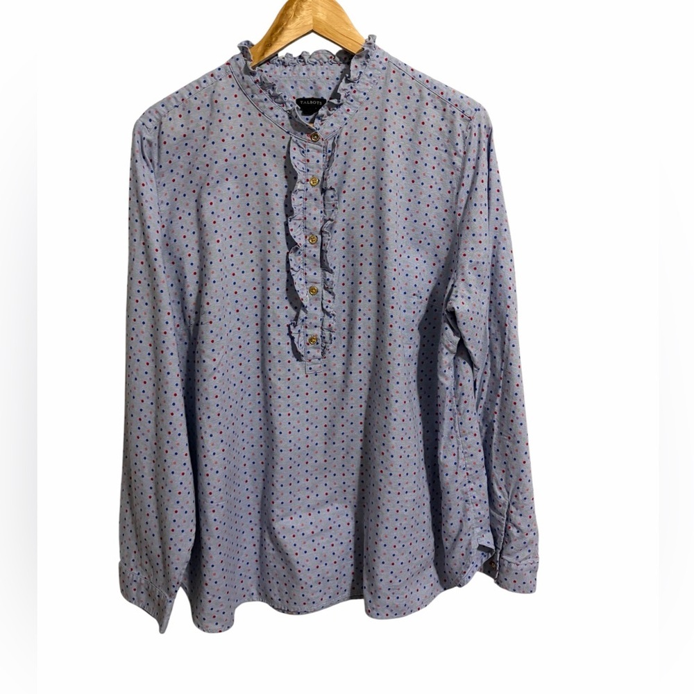 Talbots Women's Polka Dot Ruffle Popover Blue Cotton Art To Wear Preppy Size XL